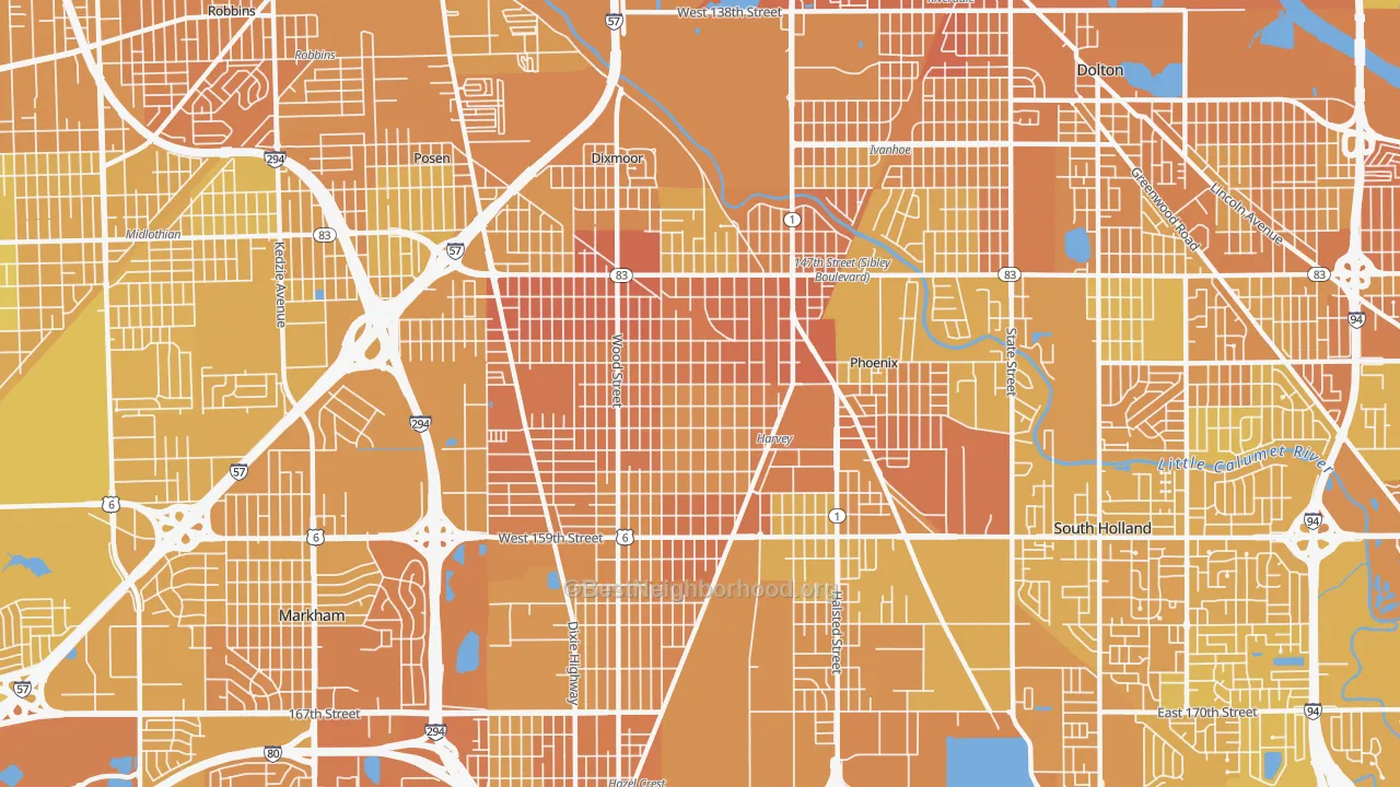 Map of the best neighborhoods in the 60426 area, with better matches in green and worse matches in red