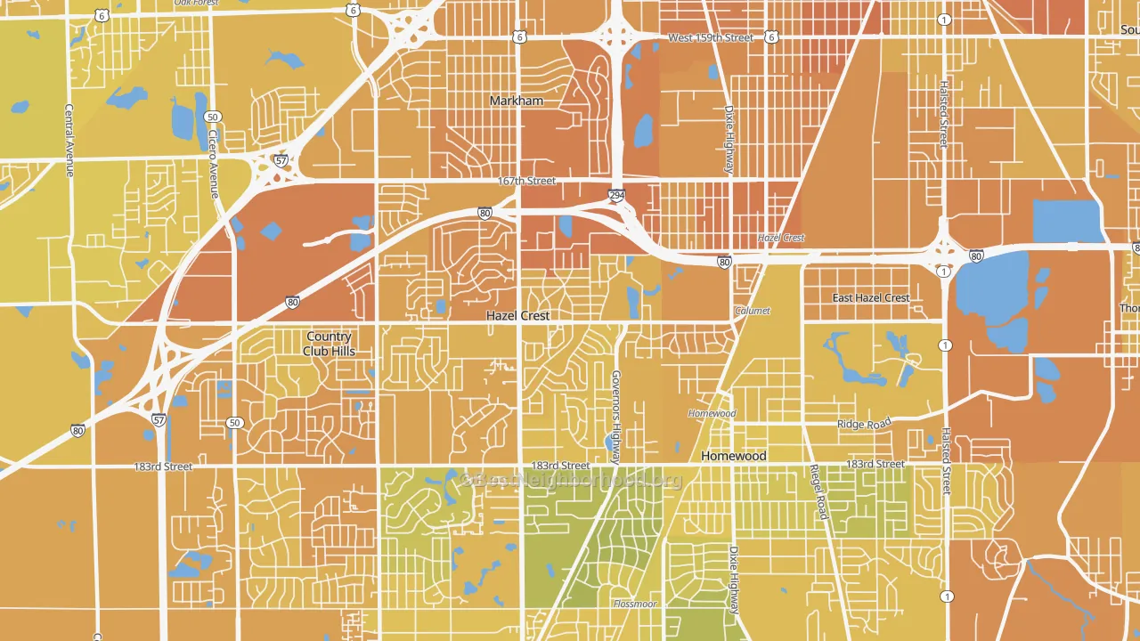 Map of the best neighborhoods in the 60429 area, with better matches in green and worse matches in red