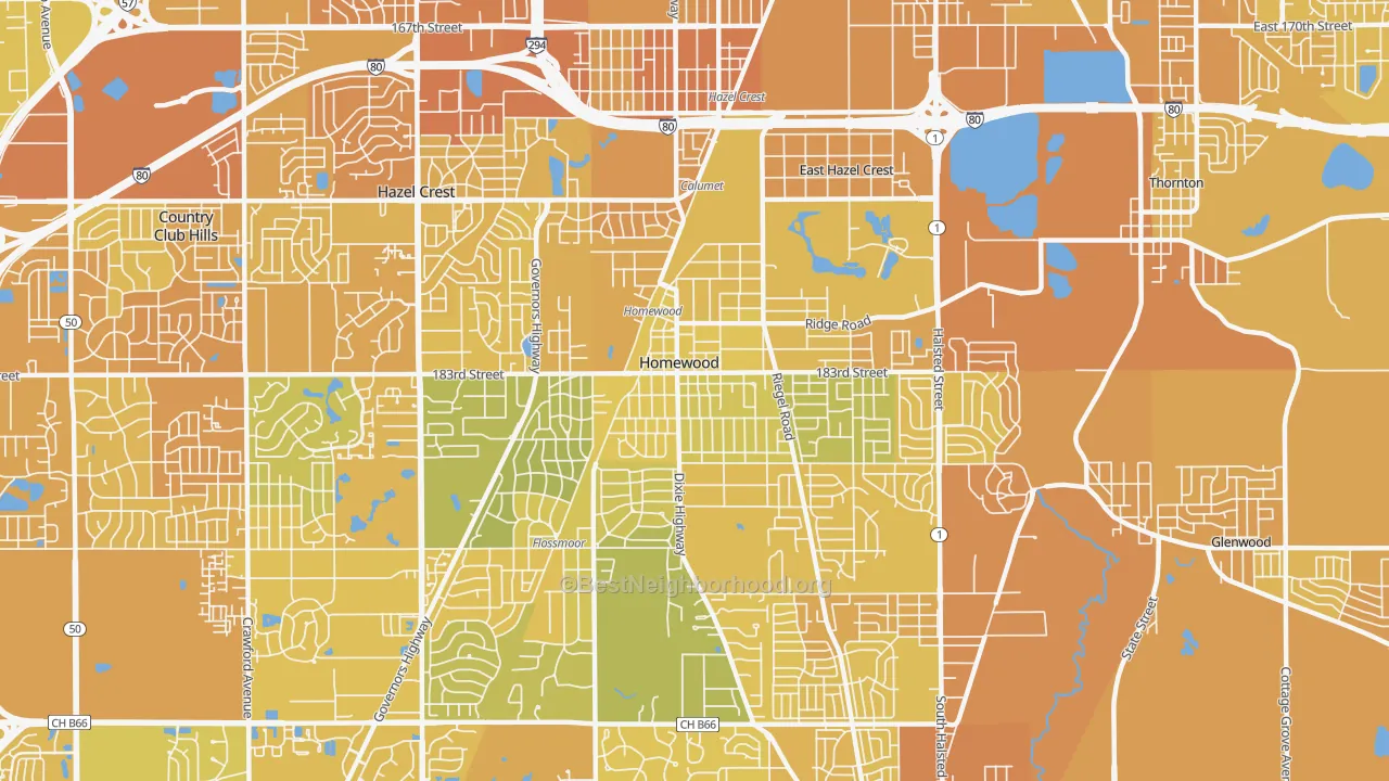Map of the best neighborhoods in the 60430 area, with better matches in green and worse matches in red