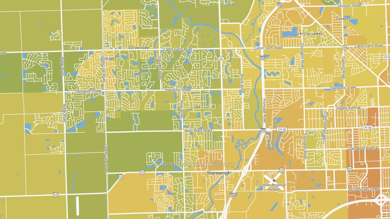 Map of the best neighborhoods in the 60431 area, with better matches in green and worse matches in red