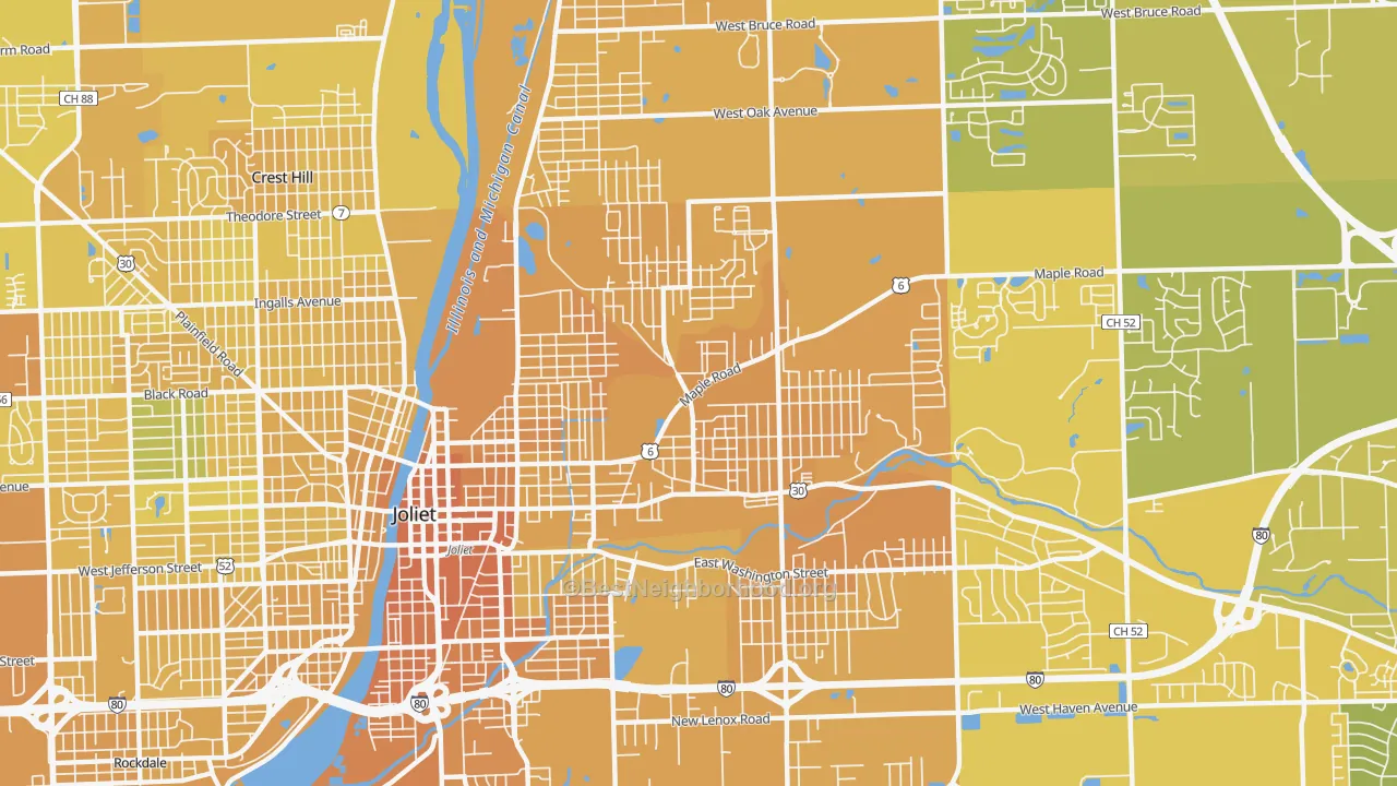 Map of the best neighborhoods in the 60432 area, with better matches in green and worse matches in red