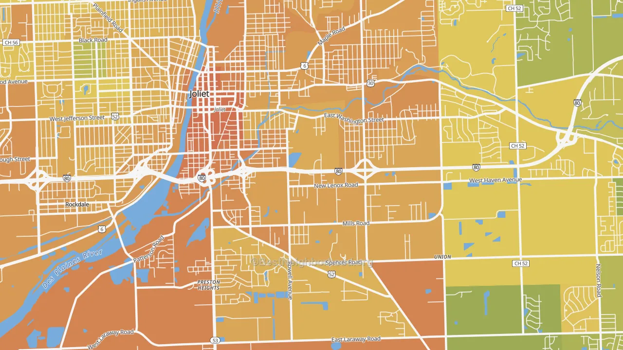 Map of the best neighborhoods in the 60433 area, with better matches in green and worse matches in red