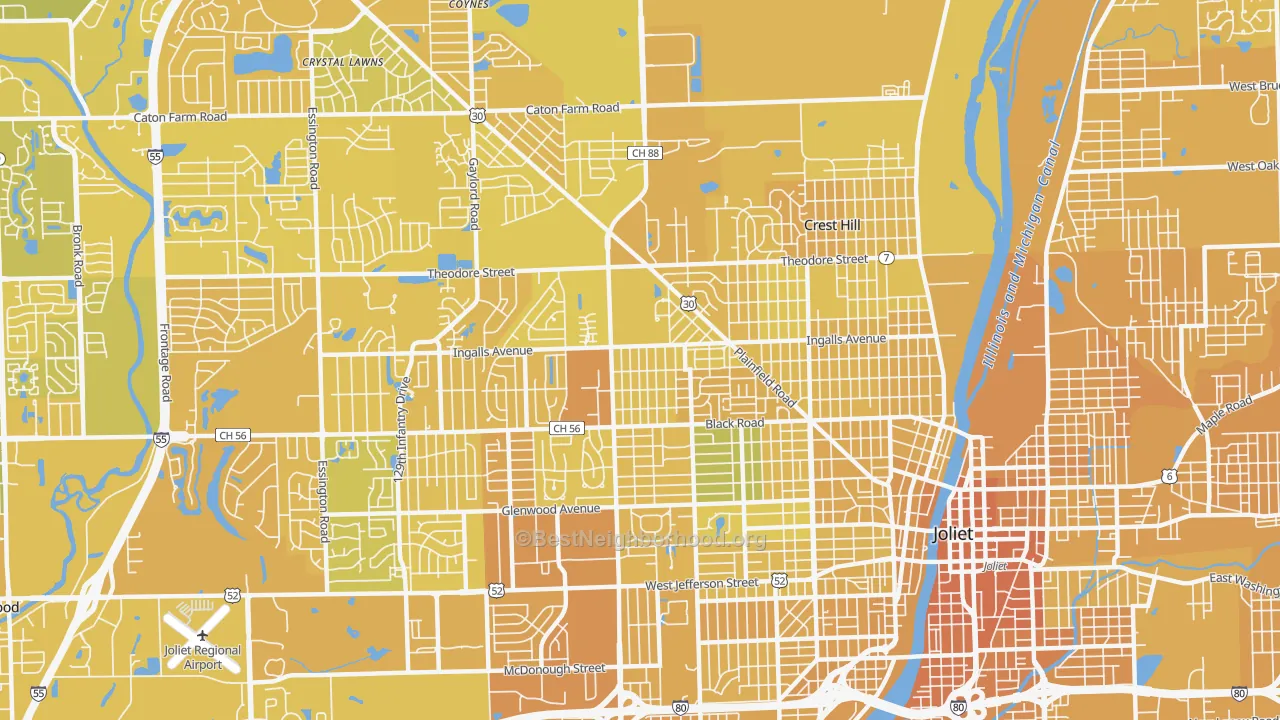Map of the best neighborhoods in the 60435 area, with better matches in green and worse matches in red