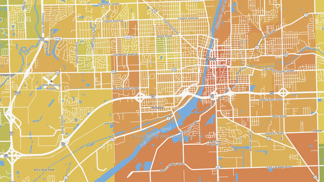 Map of the best neighborhoods in the 60436 area, with better matches in green and worse matches in red