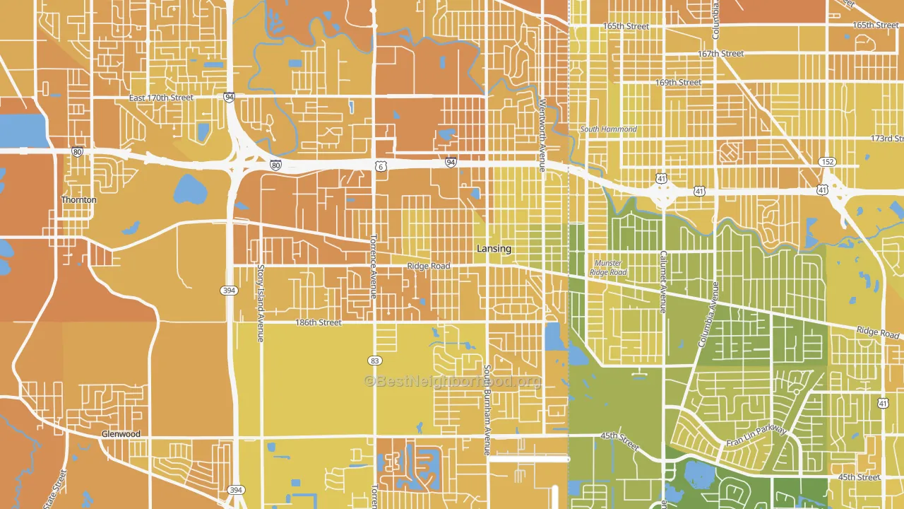 Map of the best neighborhoods in the 60438 area, with better matches in green and worse matches in red