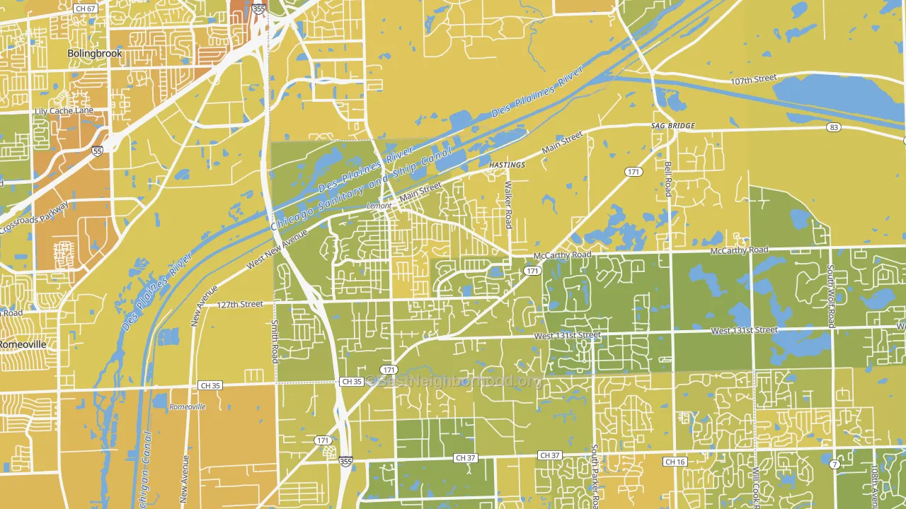 Map of the best neighborhoods in the 60439 area, with better matches in green and worse matches in red