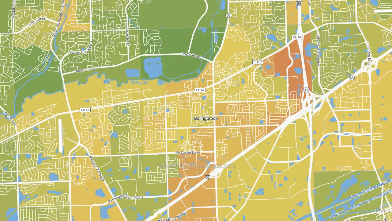 Map of the best neighborhoods in the 60440 area, with better matches in green and worse matches in red