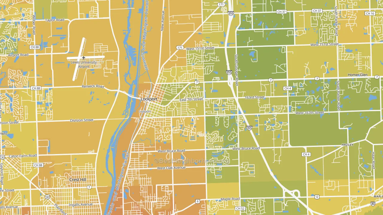 Map of the best neighborhoods in the 60441 area, with better matches in green and worse matches in red