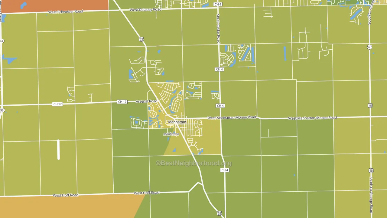 Map of the best neighborhoods in the 60442 area, with better matches in green and worse matches in red