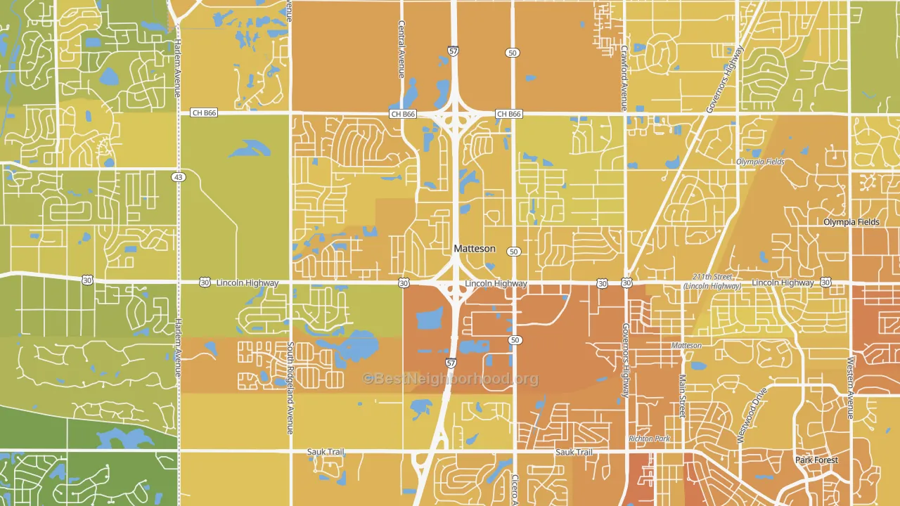 Map of the best neighborhoods in the 60443 area, with better matches in green and worse matches in red
