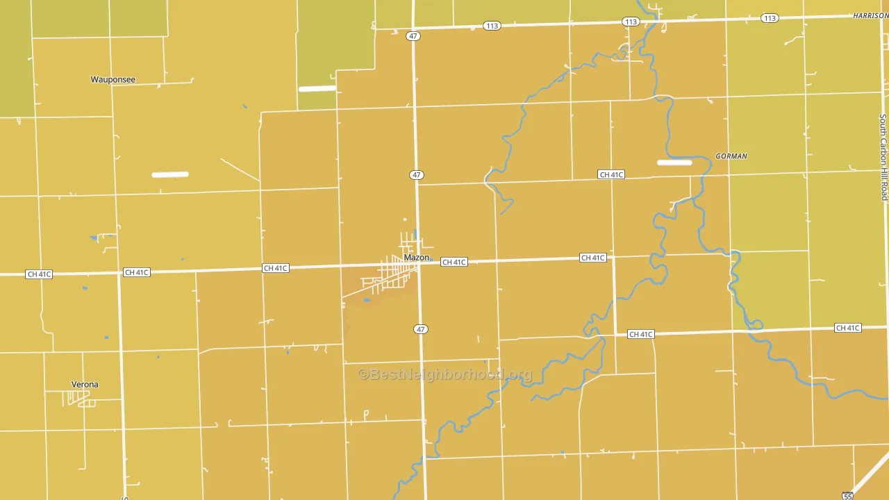Map of the best neighborhoods in the 60444 area, with better matches in green and worse matches in red