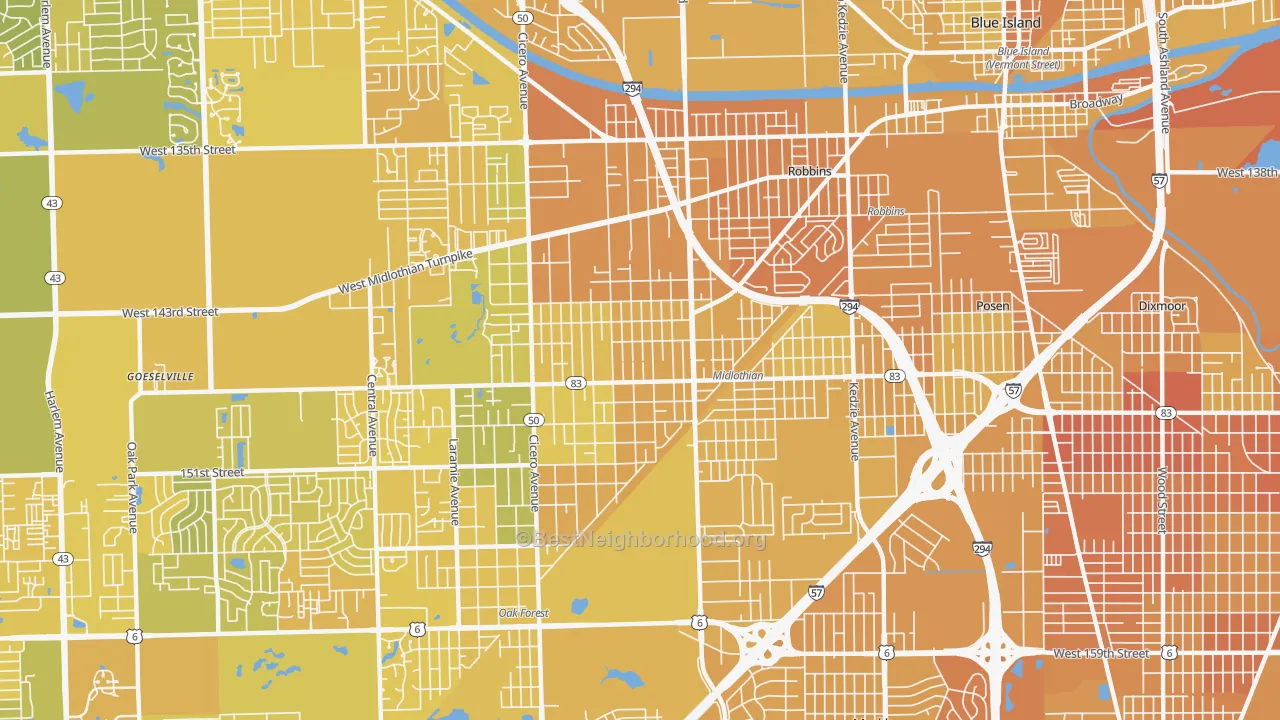 Map of the best neighborhoods in the 60445 area, with better matches in green and worse matches in red