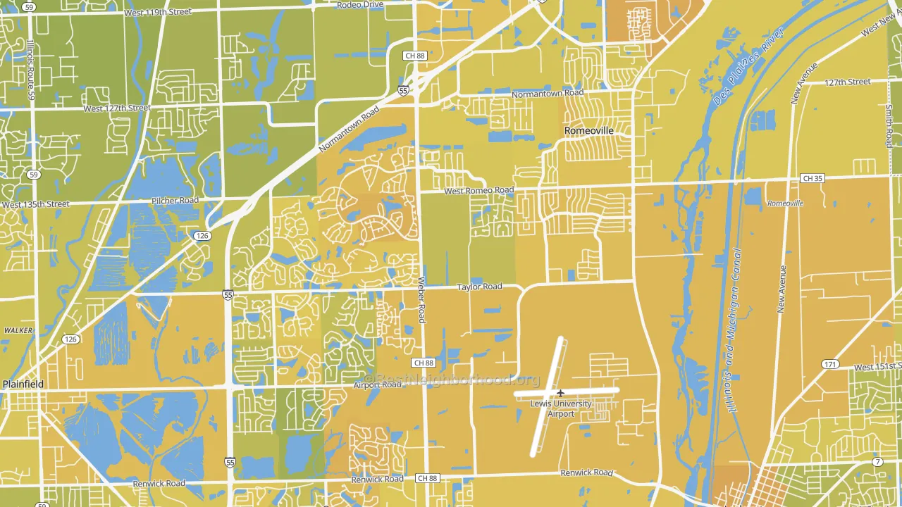 Map of the best neighborhoods in the 60446 area, with better matches in green and worse matches in red