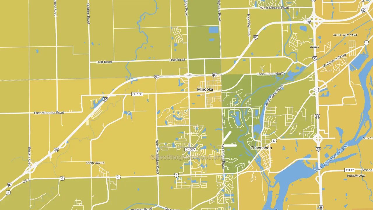 Map of the best neighborhoods in the 60447 area, with better matches in green and worse matches in red