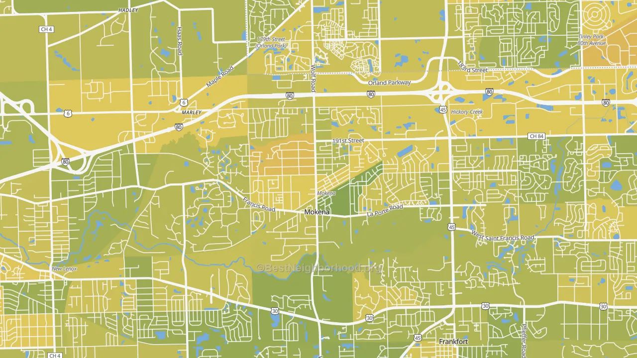 Map of the best neighborhoods in the 60448 area, with better matches in green and worse matches in red