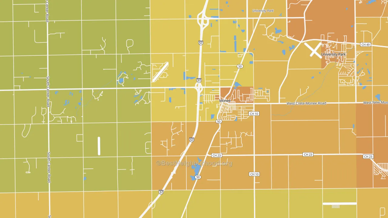 Map of the best neighborhoods in the 60449 area, with better matches in green and worse matches in red