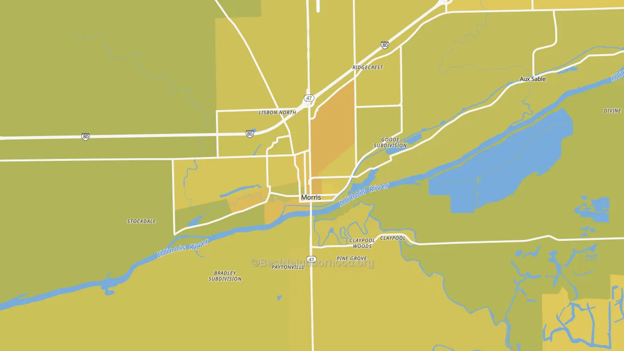 Map of the best neighborhoods in the 60450 area, with better matches in green and worse matches in red