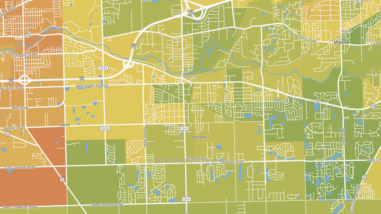 Map of the best neighborhoods in the 60451 area, with better matches in green and worse matches in red