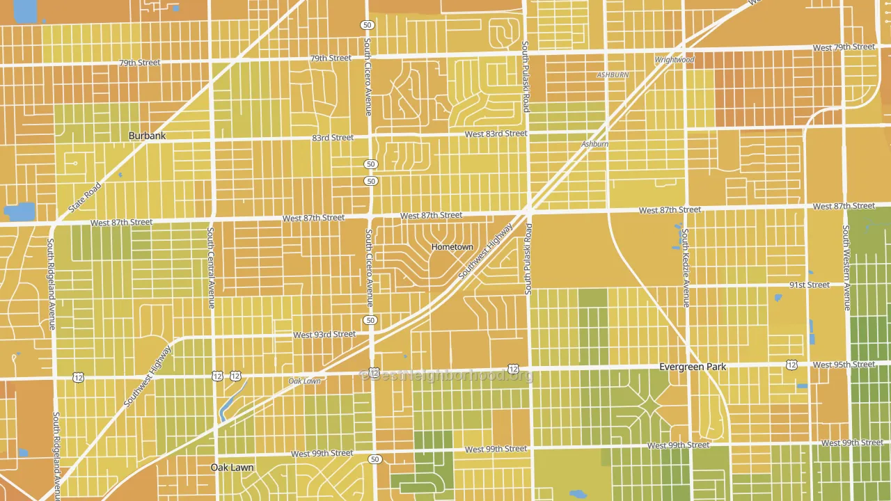 Map of the best neighborhoods in the 60456 area, with better matches in green and worse matches in red