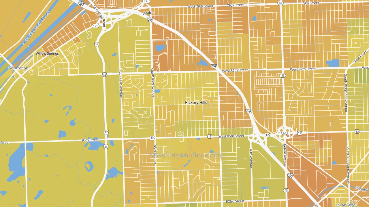 Map of the best neighborhoods in the 60457 area, with better matches in green and worse matches in red