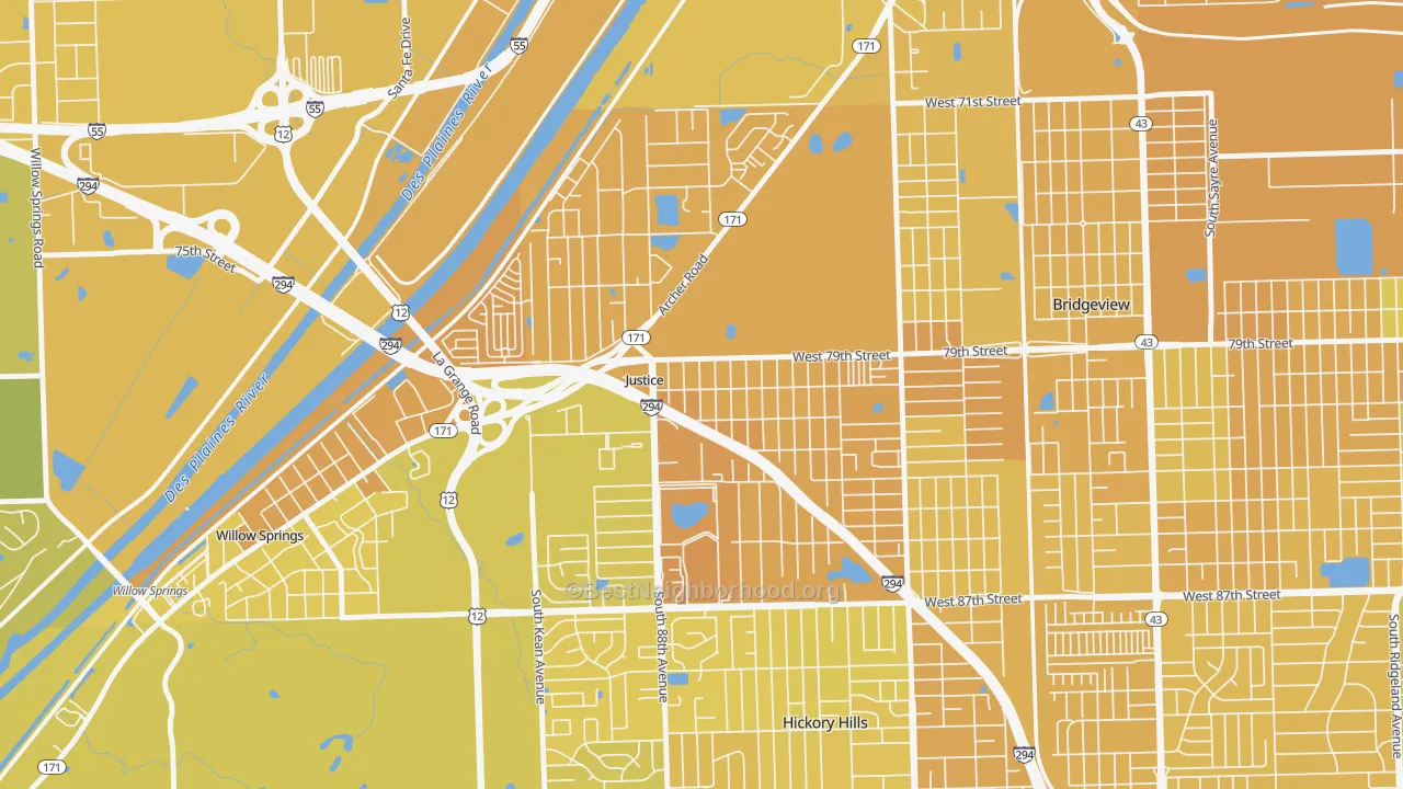 Map of the best neighborhoods in the 60458 area, with better matches in green and worse matches in red
