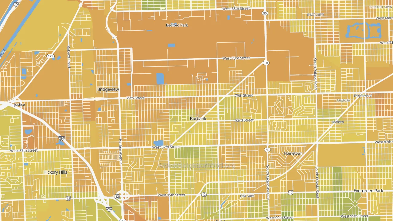 Map of the best neighborhoods in the 60459 area, with better matches in green and worse matches in red