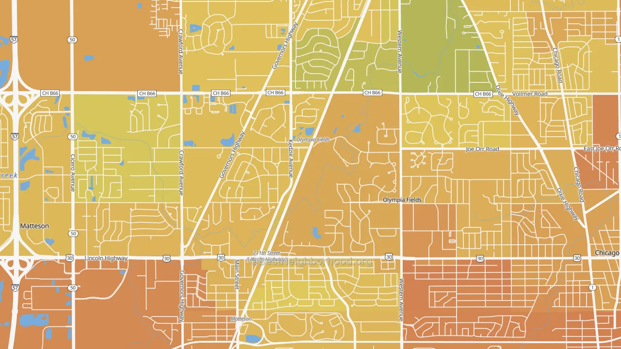 Map of the best neighborhoods in the 60461 area, with better matches in green and worse matches in red
