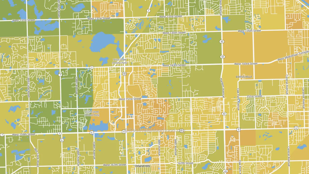 Map of the best neighborhoods in the 60462 area, with better matches in green and worse matches in red