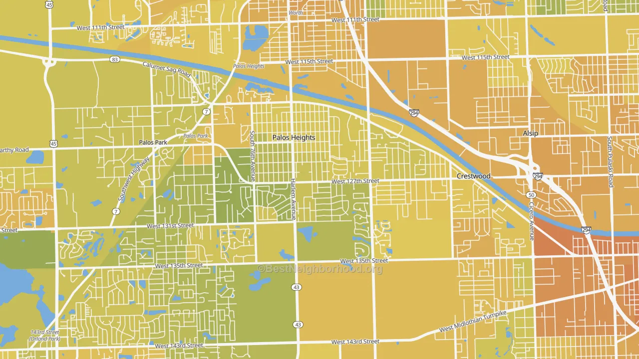 Map of the best neighborhoods in the 60463 area, with better matches in green and worse matches in red