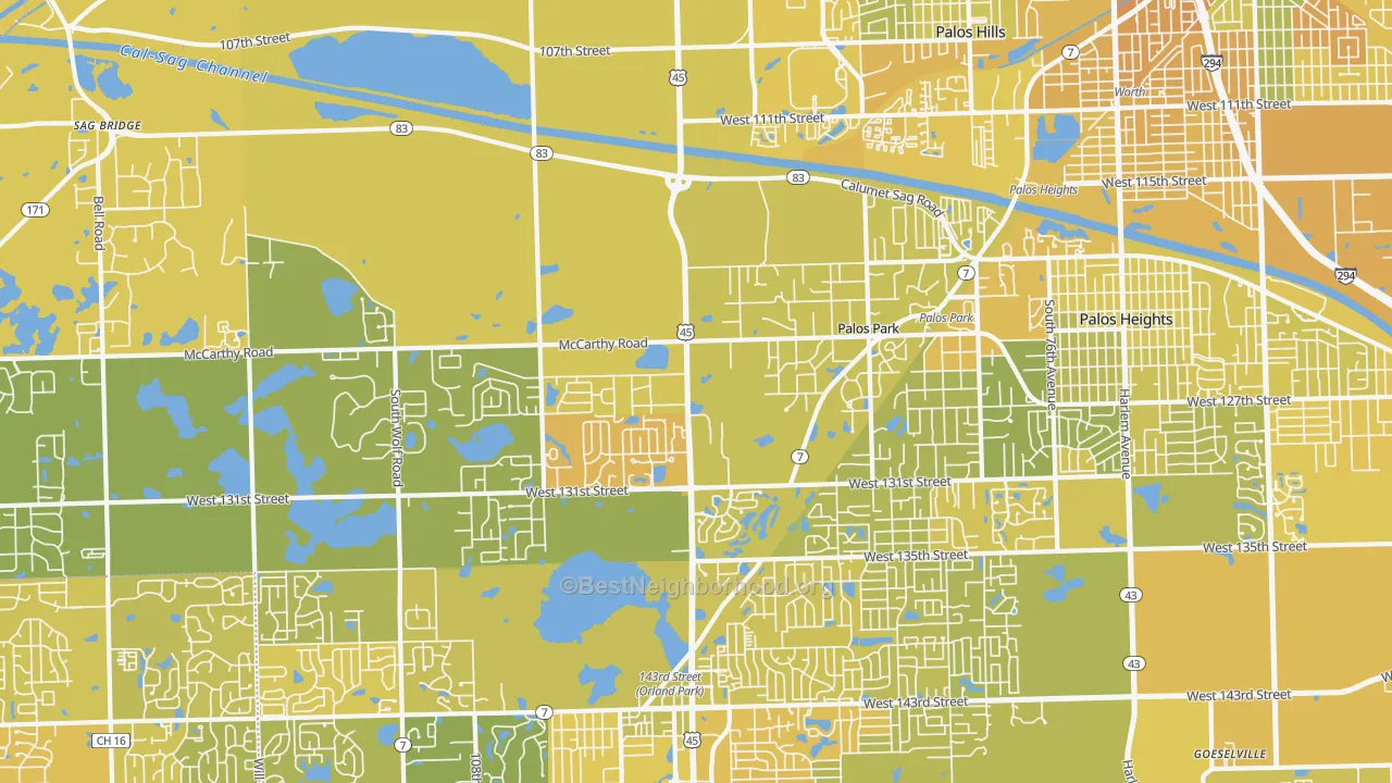Map of the best neighborhoods in the 60464 area, with better matches in green and worse matches in red