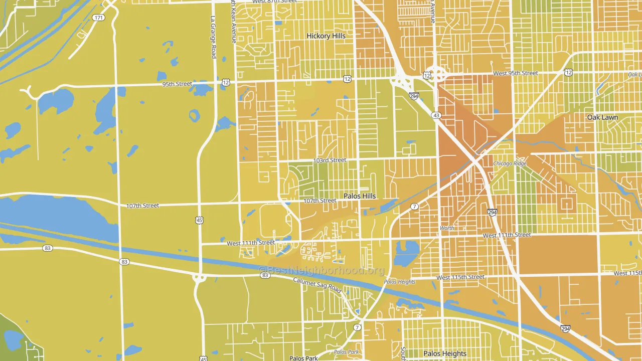 Map of the best neighborhoods in the 60465 area, with better matches in green and worse matches in red