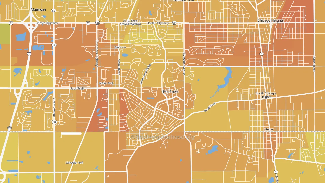 Map of the best neighborhoods in the 60466 area, with better matches in green and worse matches in red