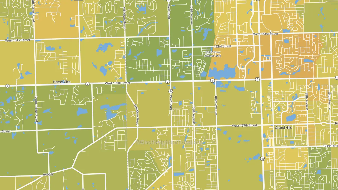 Map of the best neighborhoods in the 60467 area, with better matches in green and worse matches in red