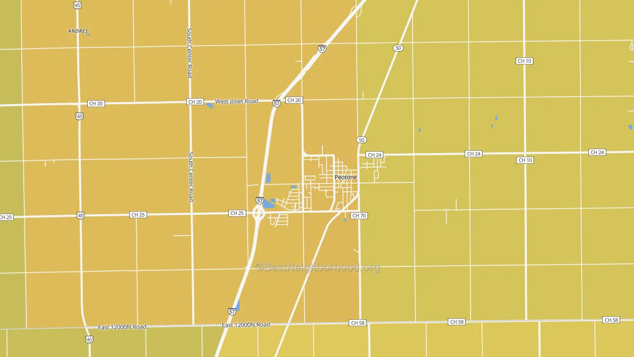 Map of the best neighborhoods in the 60468 area, with better matches in green and worse matches in red