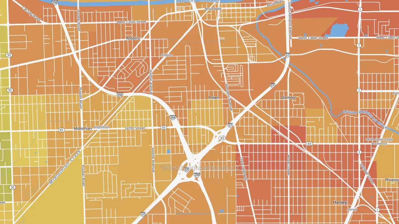 Map of the best neighborhoods in the 60469 area, with better matches in green and worse matches in red