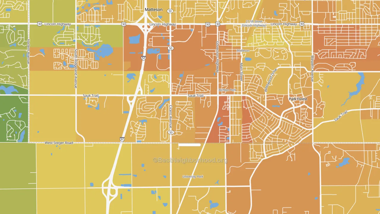 Map of the best neighborhoods in the 60471 area, with better matches in green and worse matches in red