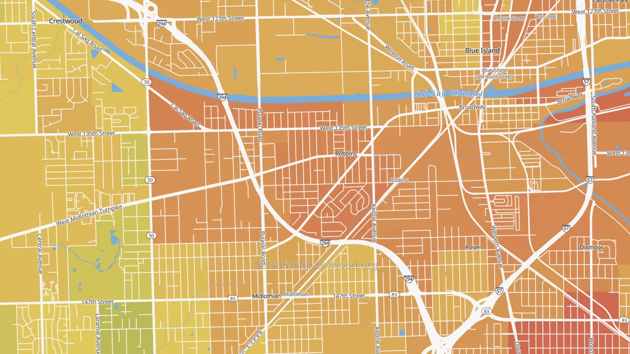 Map of the best neighborhoods in the 60472 area, with better matches in green and worse matches in red