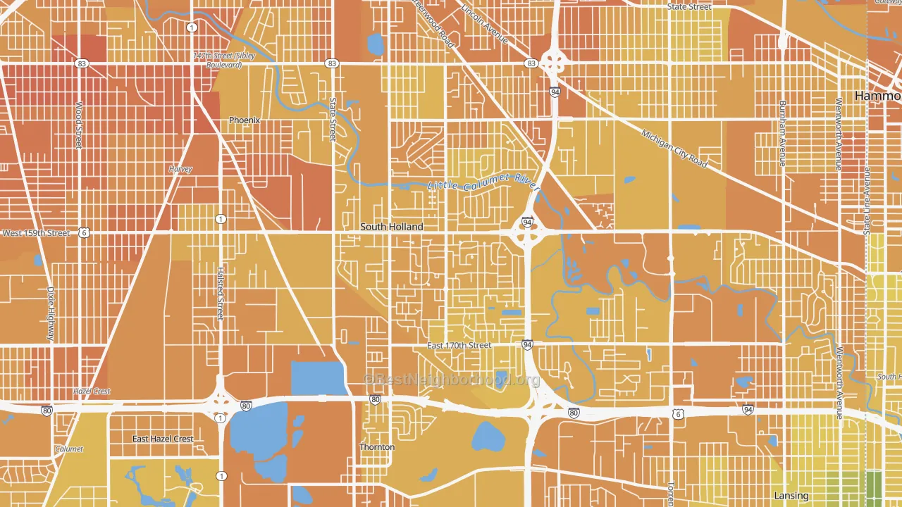 Map of the best neighborhoods in the 60473 area, with better matches in green and worse matches in red