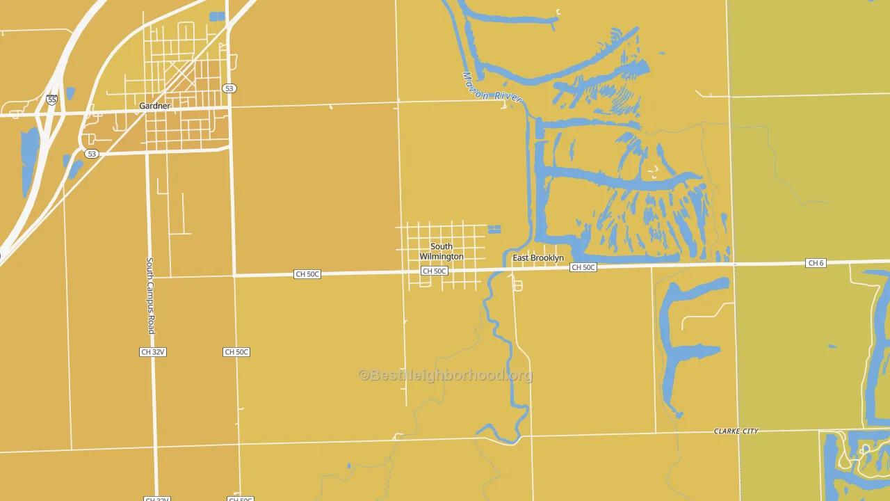 Map of the best neighborhoods in the 60474 area, with better matches in green and worse matches in red