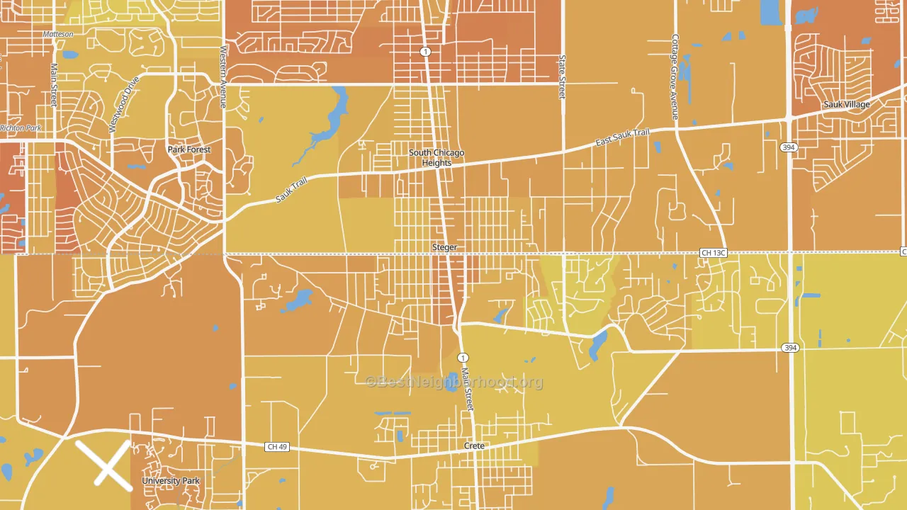 Map of the best neighborhoods in the 60475 area, with better matches in green and worse matches in red