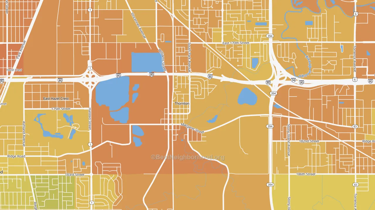 Map of the best neighborhoods in the 60476 area, with better matches in green and worse matches in red