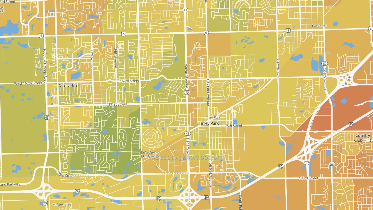Map of the best neighborhoods in the 60477 area, with better matches in green and worse matches in red