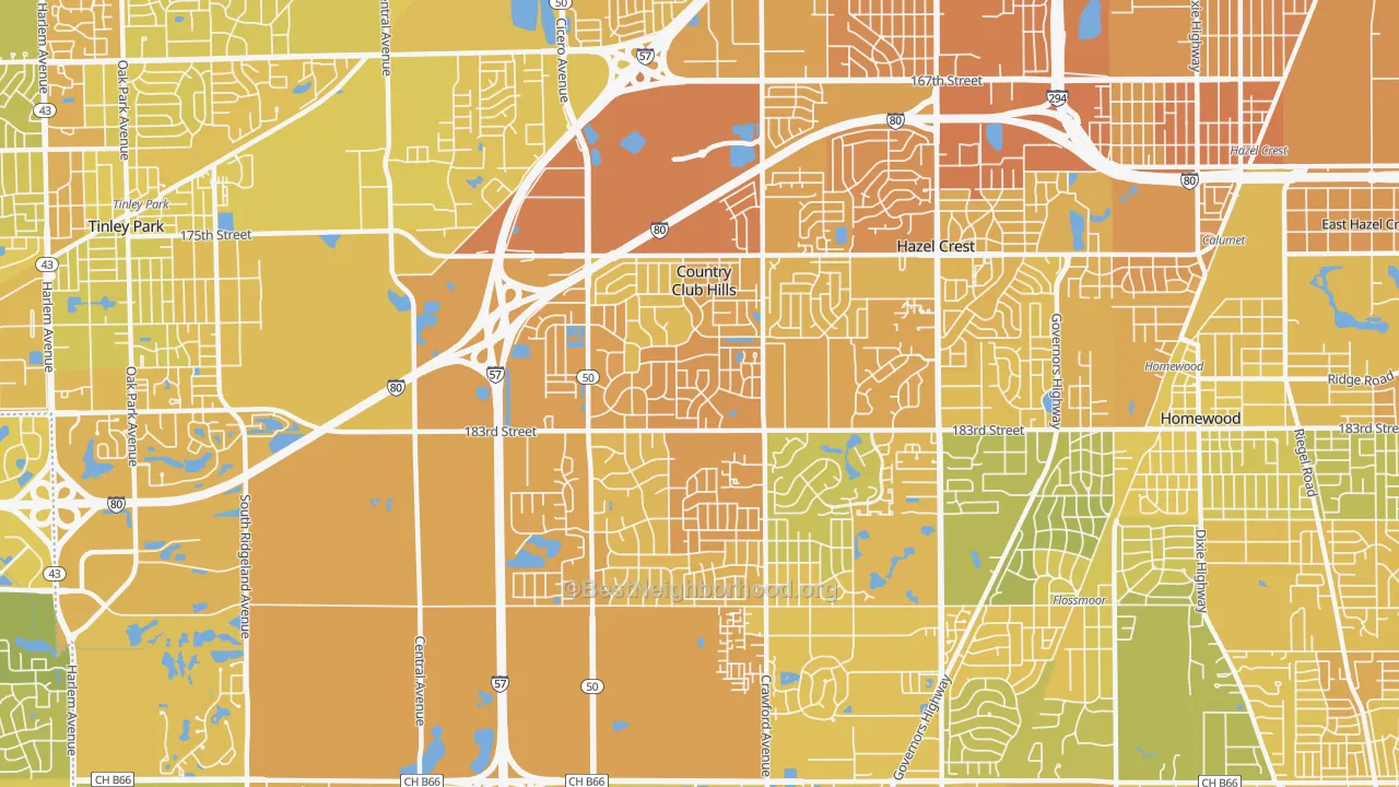 Map of the best neighborhoods in the 60478 area, with better matches in green and worse matches in red
