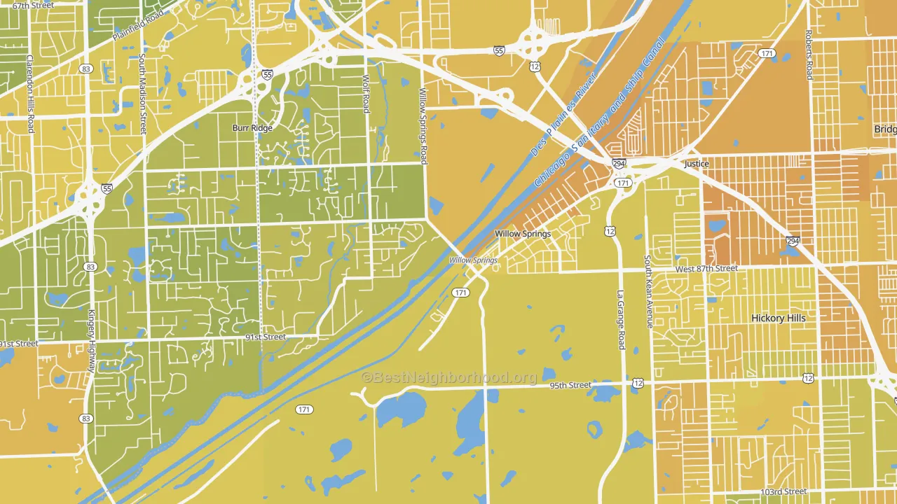 Map of the best neighborhoods in the 60480 area, with better matches in green and worse matches in red