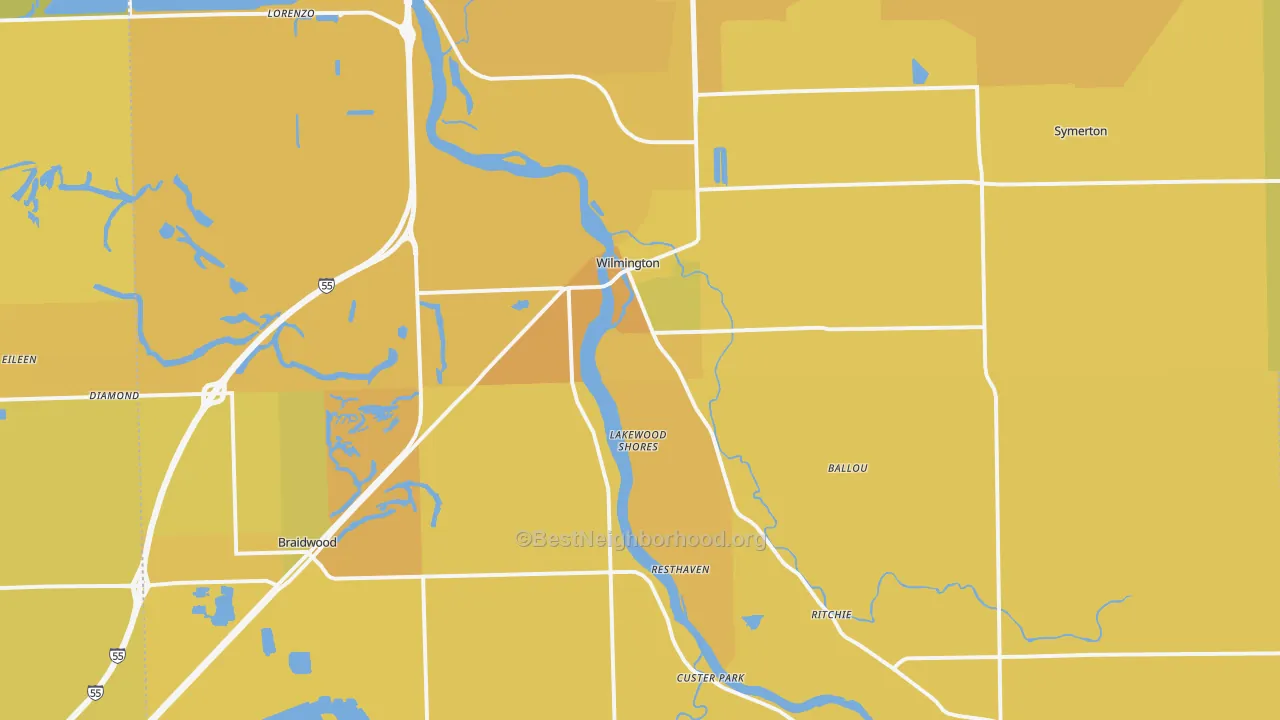 Map of the best neighborhoods in the 60481 area, with better matches in green and worse matches in red