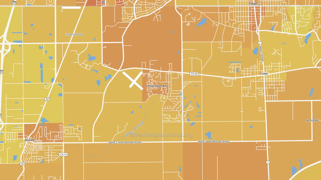 Map of the best neighborhoods in the 60484 area, with better matches in green and worse matches in red
