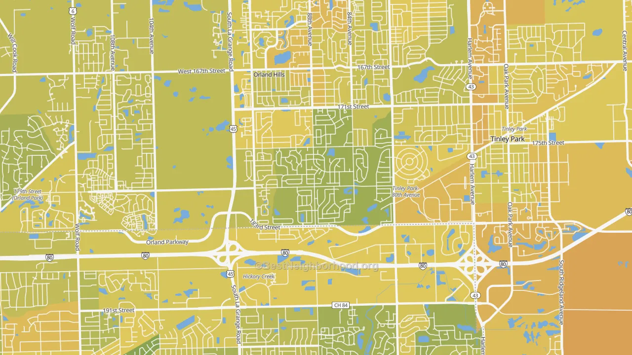 Map of the best neighborhoods in the 60487 area, with better matches in green and worse matches in red