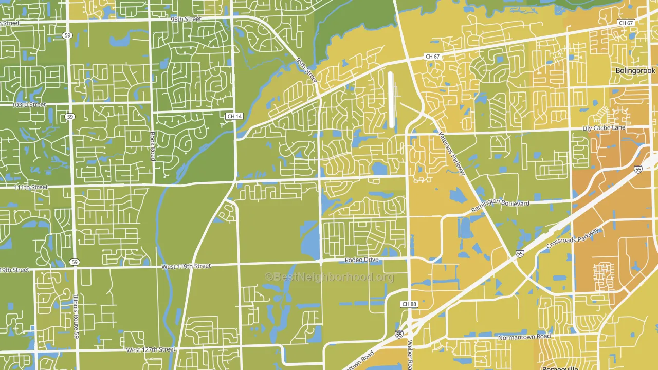 Map of the best neighborhoods in the 60490 area, with better matches in green and worse matches in red