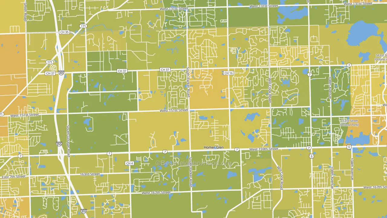 Map of the best neighborhoods in the 60491 area, with better matches in green and worse matches in red