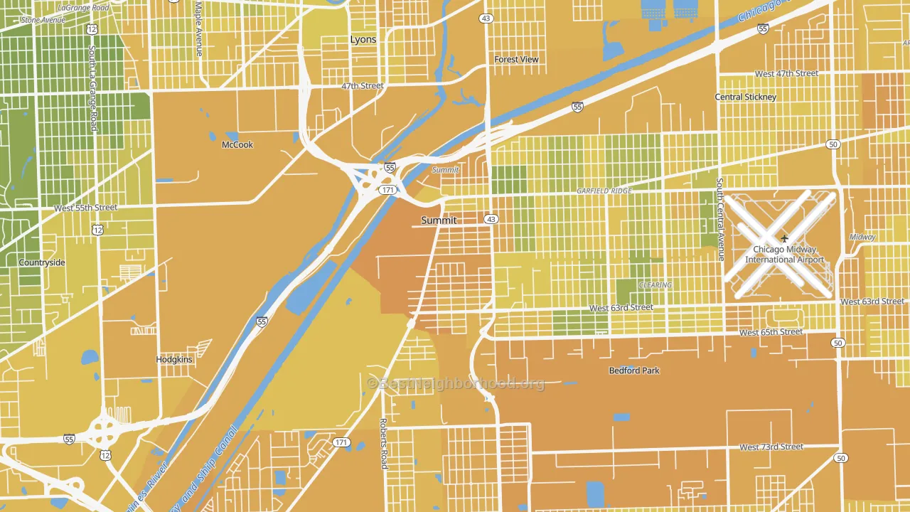 Map of the best neighborhoods in the 60501 area, with better matches in green and worse matches in red